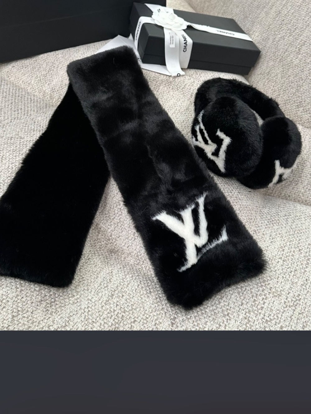 Louis. Vuitton. Faux Fur Monogram Scarf with Matching Ear Muffs
